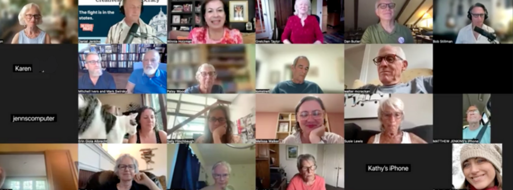 Screenshot of a Zoom meeting with a group of smiling TSP Giving Circle leaders